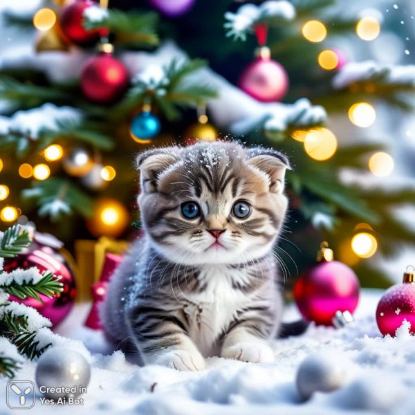 Пушистый котёнок шотландской породы в новогоднем настроении. Картинка из нейросети Stable Diffusion