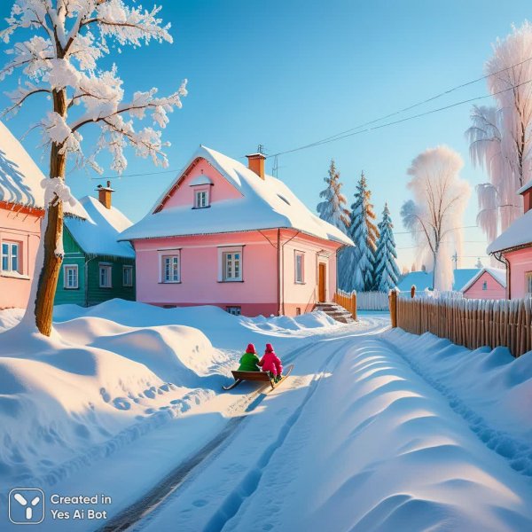 Зимний пейзаж советской классики начала двадцатого века: тихая деревня в снегу и солнце. Картинка из нейросети Stable Diffusion