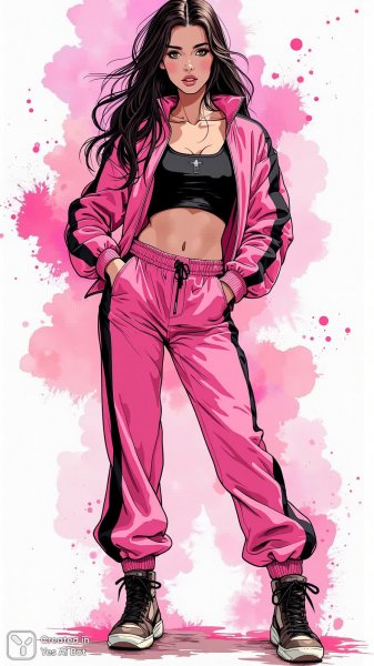 Неоновый стиль: мода, энергия и дерзость в черном и розовом треке. Нейросеть Flux.1