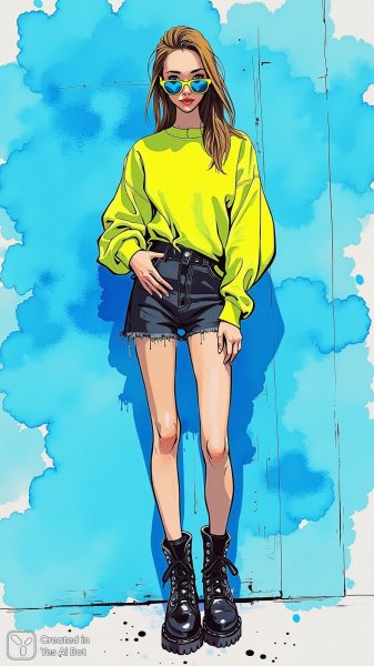 Яркий образ с неоном: мода и дерзость в черных ботинках. Генерация из нейросети Flux.1