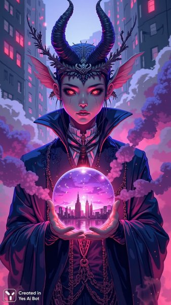 Загадочный портрет: Суккуб в неоновом тумане с хрустальным шаром и лавровыми венками. Изображение из нейросети Flux Ai