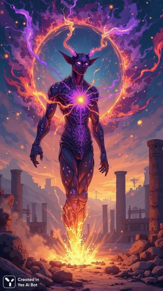 Инклуб с пламенем: мистический портрет в размытом свете древних руин. Нейросеть Flux Ai