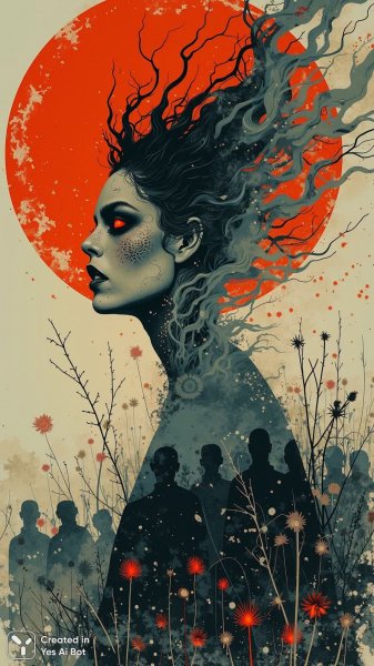 Демоница из пепла и тени: двойная экспозиция в стиле Polaroid. Генерация из нейронной сети Flux.1