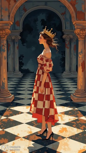 Королева на шахматной доске: роскошь и загадочный взгляд в сторону. Картинка из нейронной сети Flux Ai