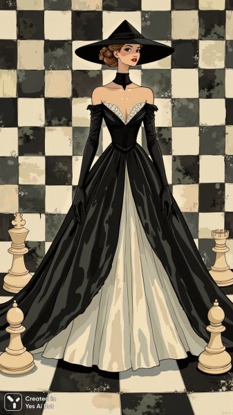 Загадочная элегантность: черно-белая мода и шахматный фон. Генерация из нейросети Flux.1