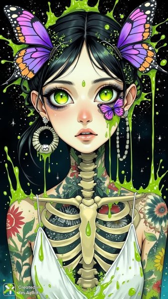 Неоновый взгляд: магия татуировок и сюрреалистичный образ девушки в белом топе. Изображение из нейросети Flux.1