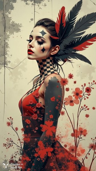 Загадочная шутница у потрескавшейся стены: мистический портрет. Картинка из нейросети Flux