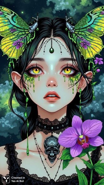 Неземная красота: скальи, татуировки и светящаяся орхидея. Изображение из нейронной сети Flux.1