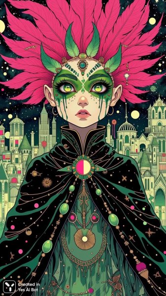 Девушка из темного фэнтези: отражения забытого города и золотые глаза. Изображение из нейросети Flux.1