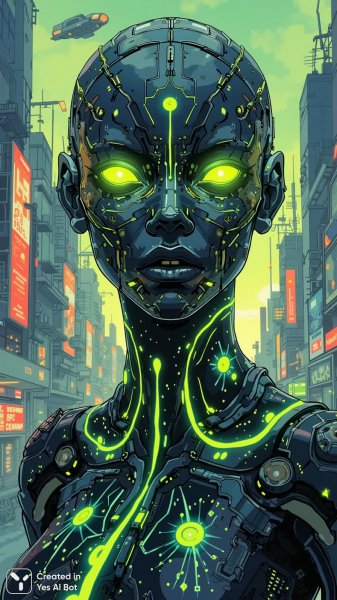 Неоновый портрет: девушка в технологичном городе будущего. Генерация из нейронной сети Flux