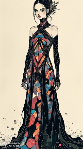 Готическая элегантность: сплав Рика Оуэнса и Айрис ван Херпен в гошевом рисунке. Изображение из нейросети Flux 1