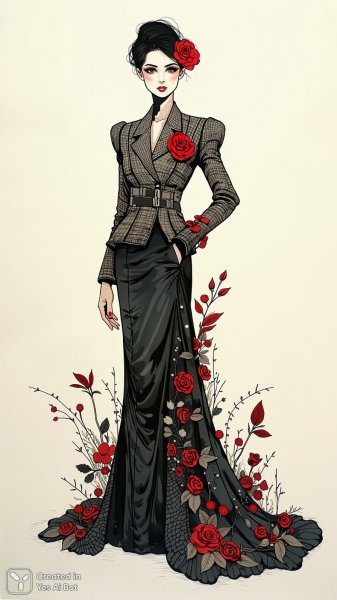 Мода сквозь время: сплав МакКуина и Шанель в изящном рисунке. Картинка из нейросети Flux Ai