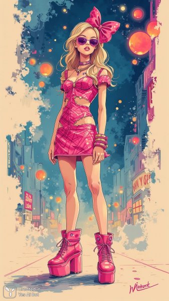 Яркая бимбо-девушка: сплав Версаче и Вествуд в наивной иллюстрации. Картинка из нейросети Flux Ai