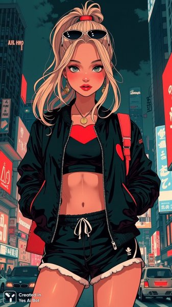 Городской стиль и спортивная энергия: яркий образ современной девушки в красном свете. Генерация из нейронной сети Flux