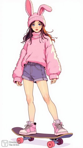 Девушка на скейтборде: нежный образ в неоновых тонах. Генерация из нейронной сети Flux 1