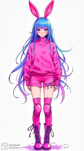 Неоновая девушка с фиолетовыми ушками и ярким стилем. Нейросеть Flux 1