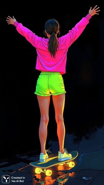 Девушка на скейтборде в неоновом свете ночного города. Изображение из нейросети Flux