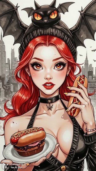 Вампирша с хот-догом в монохромном городе: дерзкий образ и демонический десерт. Картинка из нейронной сети Flux 1