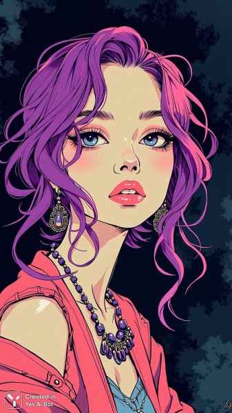 Портрет девушки с фиолетовым неонарным мейком и таинственной атмосферой. Генерация из нейронной сети Flux