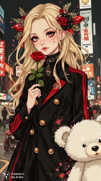 Готическая элегантность: ночной портрет в винтажном стиле с красной розой и мишкой. Генерация из нейросети Flux 1