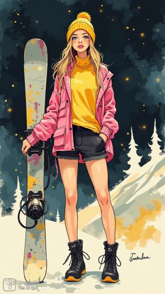 Сноубордистка в необычном наряде и темном фоне. Генерация из нейросети Flux