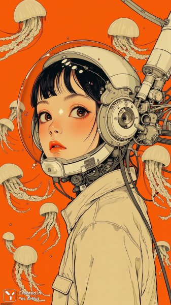 Механическая девушка в космическом стиле и сюрреалистичный фон. Картинка из нейронной сети Flux 1