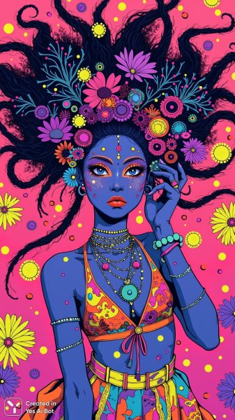 Неоновый взрыв: экстравагантная мода и яркие цветы. Изображение из нейронной сети Flux.1