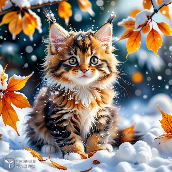 Милый котенок в зимней сказке: акварельный шедевр. Генерация из нейросети Stable Diffusion