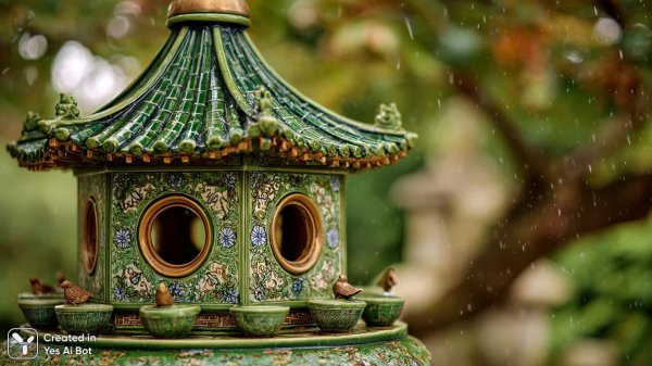 Китайская кормушка для птиц: зимняя сказка в снежных хлопьях. Генерация из нейросети Midjourney