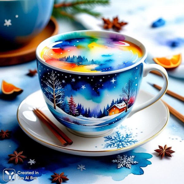 Зимняя миниатюра в чашке: волшебные акварельные рисунки. Генерация из нейронной сети Stable Diffusion