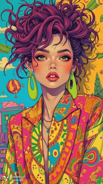Яркая красотка в городском хаосе: психоделический стиль и смелые акценты. Изображение из нейронной сети Flux Ai