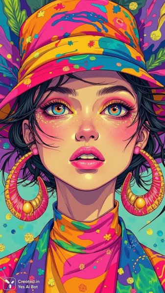 Яркая женщина в тропическом стиле: психоделический портрет высокой моды с экстравагантными деталями. Картинка из нейросети Flux.1