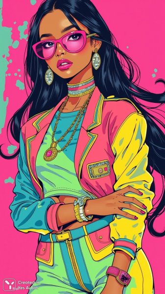 Неоновый взрыв моды: индонезийская муза в ультрасовременном стиле. Картинка из нейронной сети Flux Ai