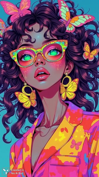 Яркий образ девушки в неоновом стиле и психоделическом фоне. Нейронная сеть Flux Ai