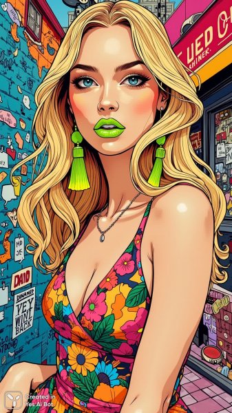 Яркая красотка в городском хаосе: мода и стиль большого города. Картинка из нейронной сети Flux 1