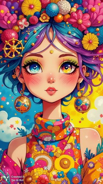 Яркая красота: экстравагантная модель в стиле Барби и кокеши. Картинка из нейросети Flux