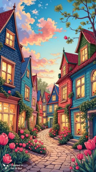 Фантастическая улица с яркими цветами под сумеречным небом. Генерация из нейронной сети Flux Ai