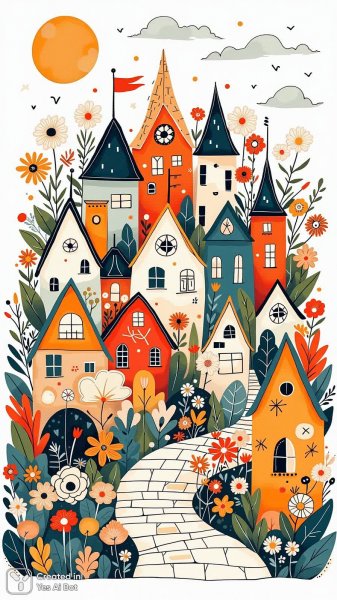 Яркая деревня в пастельных тонах: волшебство цветочных узоров и игривых форм. Генерация из нейронной сети Flux.1