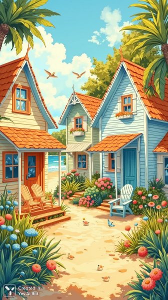 Очарование пляжных домиков: наивное искусство и яркие краски лета. Картинка из нейросети Flux 1