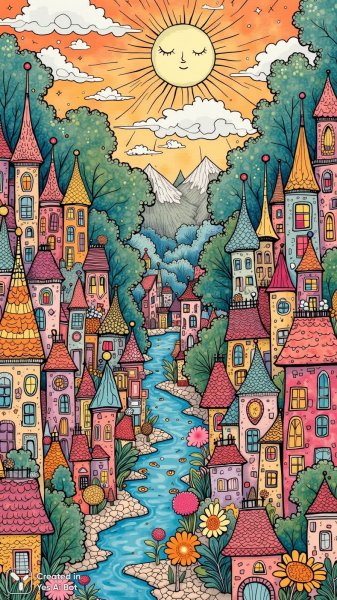 Зентангл: волшебный город мечты в ярких красках и мультяшном стиле. Нейронная сеть Flux