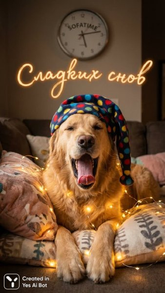 Собачья нежность: уютный сон под волшебным взглядом времени. Изображение из нейросети Nano-Banana