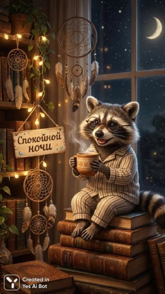 Ракун в пижаме: уютная ночь с книгами и горячим шоколадом. Нейросеть Nano-Banana