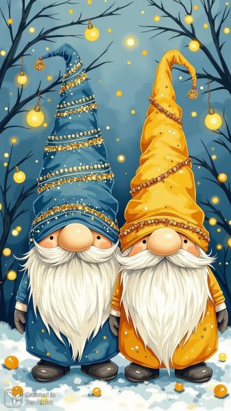 Гномы в сверкающих колпаках и волшебной атмосфере праздника. Картинка из нейросети Flux