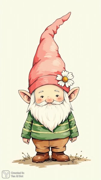 Милый гном в розовой шляпе с цветком на нежном фоне. Генерация из нейронной сети Flux.1