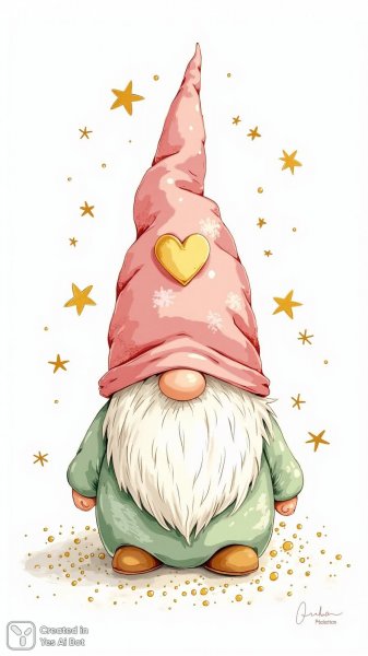 Милый гном с розовой шапкой и золотым сердцем. Изображение из нейронной сети Flux 1