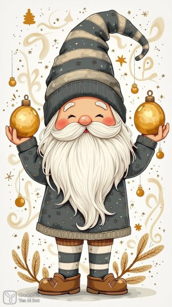 Волшебный гном с золотыми дарами и праздничным узором. Генерация из нейросети Flux Ai