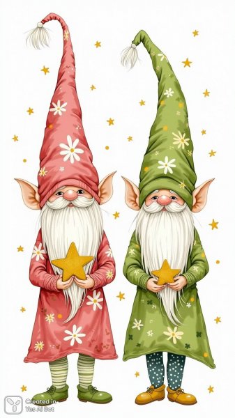 Забавные гномы с золотыми звездами и яркими нарядами из ткани. Изображение из нейронной сети Flux.1