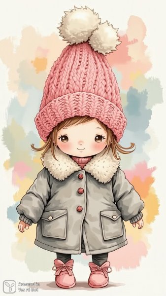 Милая кукла в розовом берете и пушистом пальто. Картинка из нейронной сети Flux.1