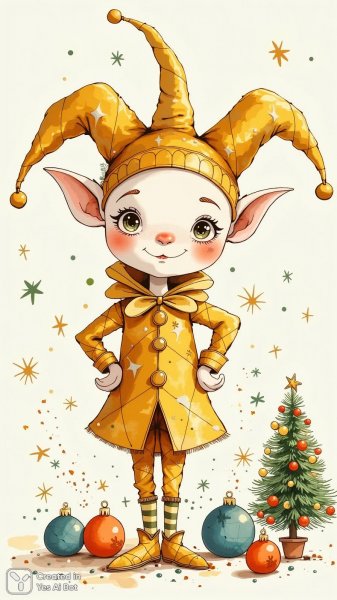 Праздничный шут с елочными украшениями и миниатюрной елкой. Нейронная сеть Flux Ai