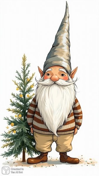 Волшебный гном у наряженной елки в праздничной атмосфере зимнего леса. Нейросеть Flux.1